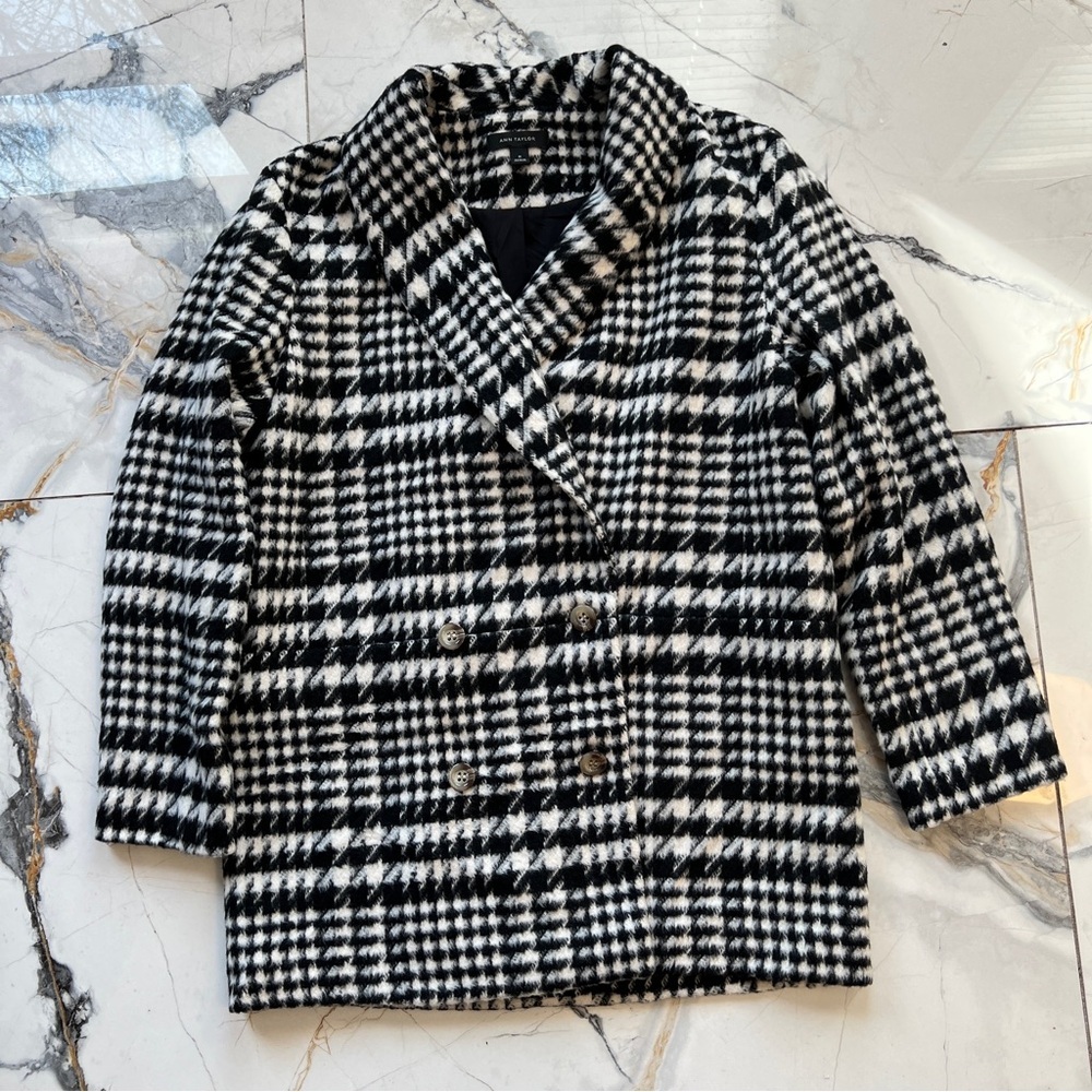 Ann Taylor Brushed Wool Blend Houndstooth Plaid Double-Breasted Peacoat Blazer